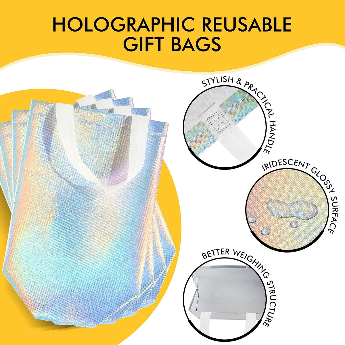 Iridora 100 Pcs Iridescent Glossy Gift Bags, 8.4 x 10 Inch, Holographic Handles | 100 Pcs